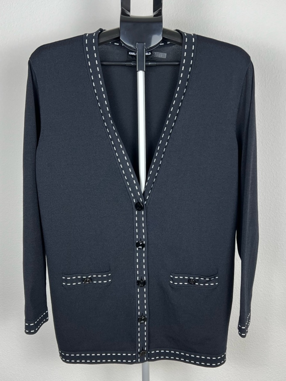 Karl Lagerfeld Paris Cardigan Size S Black Button Front Contrast Stitch Knit